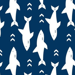 sharks - navy blue shark fabric, shark design, boys fabric, blue sharks design