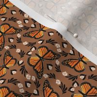 SMALL - Butterfly fabric - monarch butterfly fabric, monarch butterflies - floral linocut fabric - earth