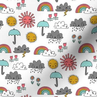 SMALL - weather // rainbow clouds sunshine happy nursery kids fabric white multi