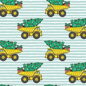 Christmas Tree Dump Trucks (mint stripes) - construction tree with gifts - LAD19