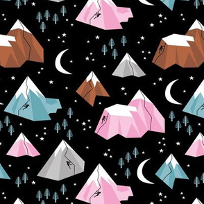 Geometric blue pink mountains rock climbing and bouldering new moon night Canada winter night black pink girls
