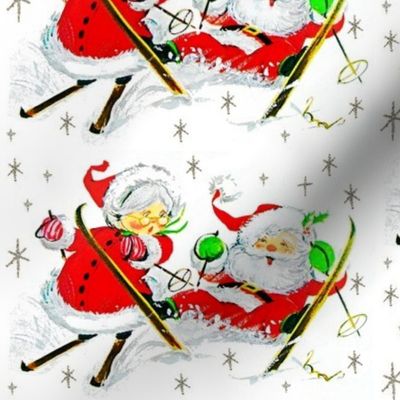 2 merry Christmas xmas snowflakes snow Santa Claus mrs wife married couples grandparents ski skiing whimsical grandmother grandfather vintage retro kitsch husband wife family  winter