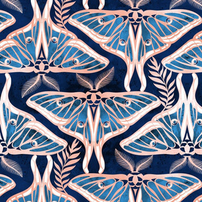 Normal scale // Art Deco luna moths // metal rose texture and blue Spanish moon moth insect