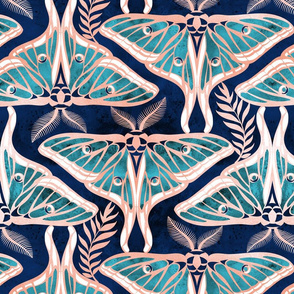Normal scale // Art Deco luna moths // metal rose texture and teal Spanish moon moth insect