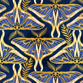 Normal scale // Art Deco luna moths // gold texture and royal blue Spanish moon moth insect