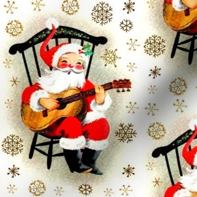 merry Christmas xmas Santa Claus snowflakes gold mistletoe music guitar guitarist musician vintage retro kitsch cute white red brown