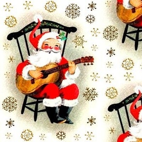 merry Christmas xmas Santa Claus snowflakes gold mistletoe music guitar guitarist musician vintage retro kitsch cute white red brown