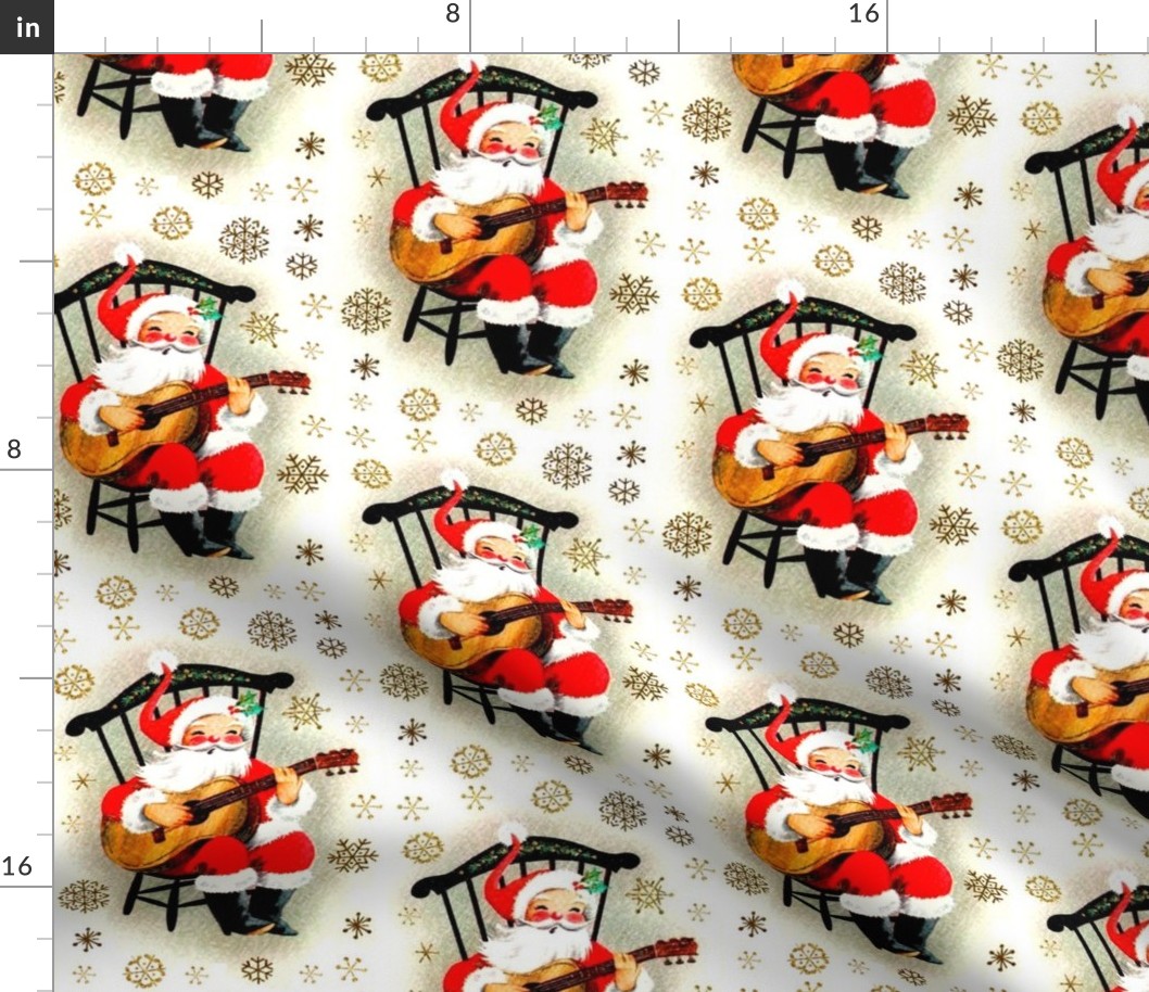 merry Christmas xmas Santa Claus snowflakes gold mistletoe music guitar guitarist musician vintage retro kitsch cute white red brown