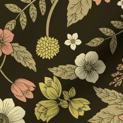 Sage, Dark Green, Peach & Cream Floral Pattern