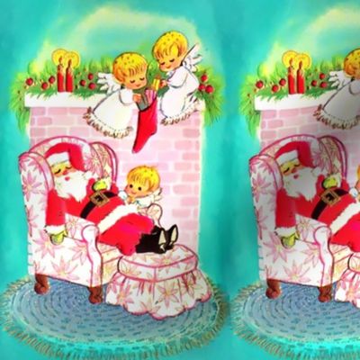 1 merry Christmas xmas Santa Claus cherubs angels children fireplace mantel sleeping resting napping candles socks stockings gifts presents baubles green red blue vintage retro kitsch  