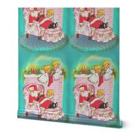 1 merry Christmas xmas Santa Claus cherubs angels children fireplace mantel sleeping resting napping candles socks stockings gifts presents baubles green red blue vintage retro kitsch  