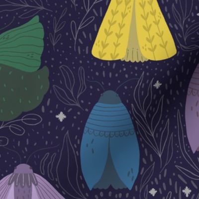 Seamless pattern in moody colors with  mystical moths and organic motives.