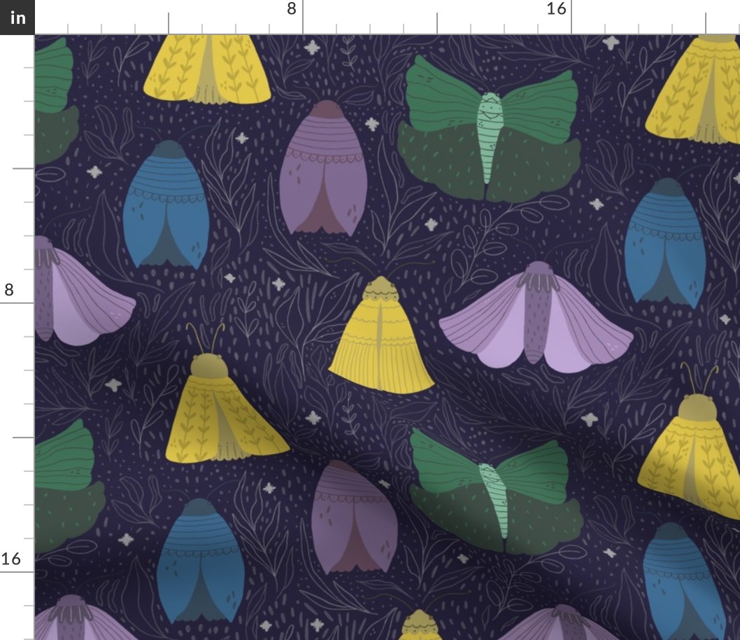 Seamless pattern in moody colors with  mystical moths and organic motives.