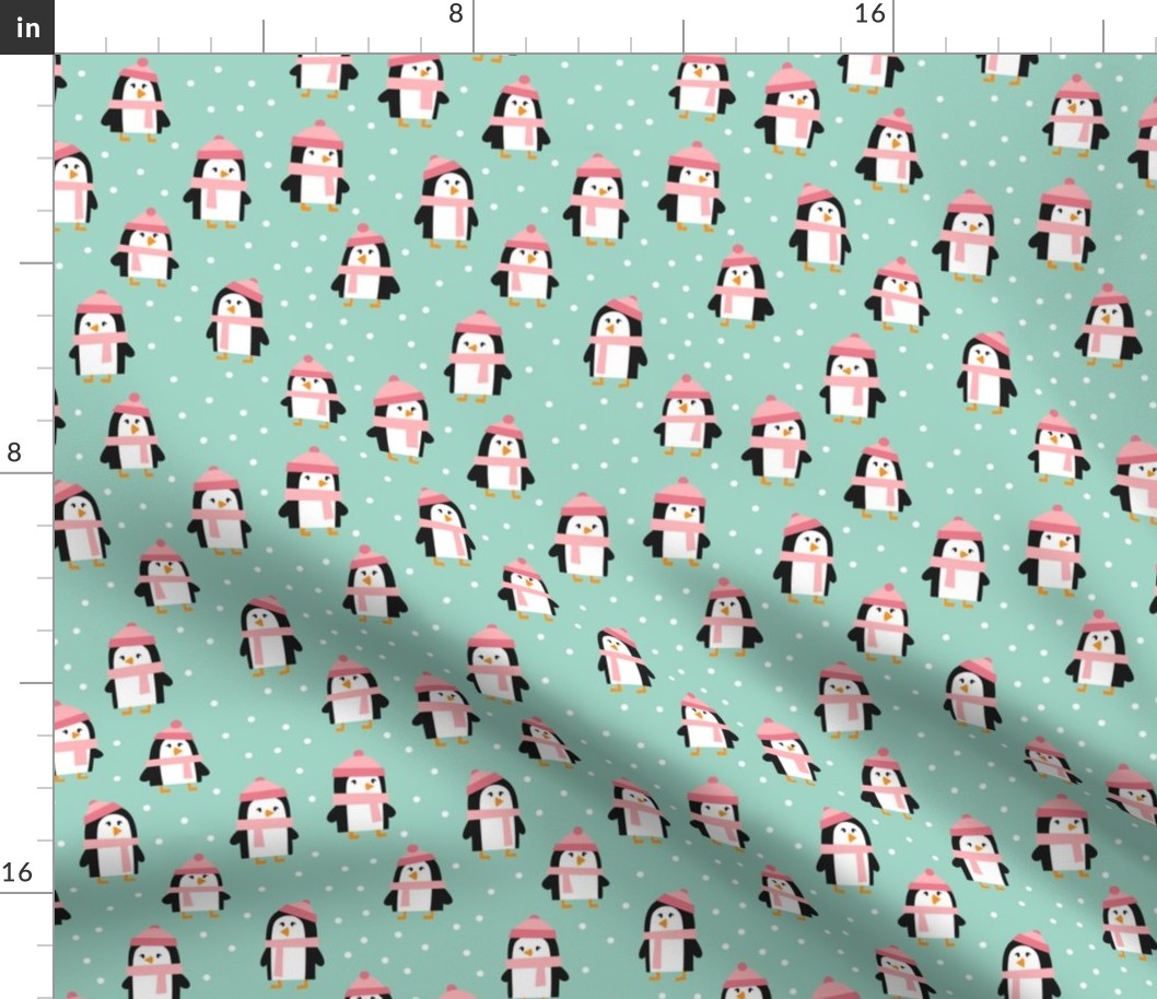 cute winter penguins - pink and mint - LAD19