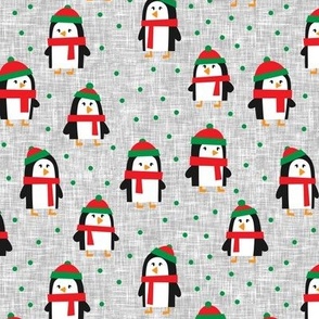 cute winter penguins - red and green on grey - LAD19