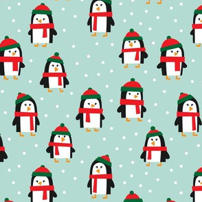 cute winter penguins - red and green on mint - LAD19