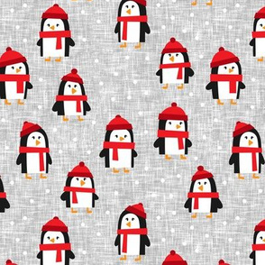 cute winter penguins - red and grey -  LAD19