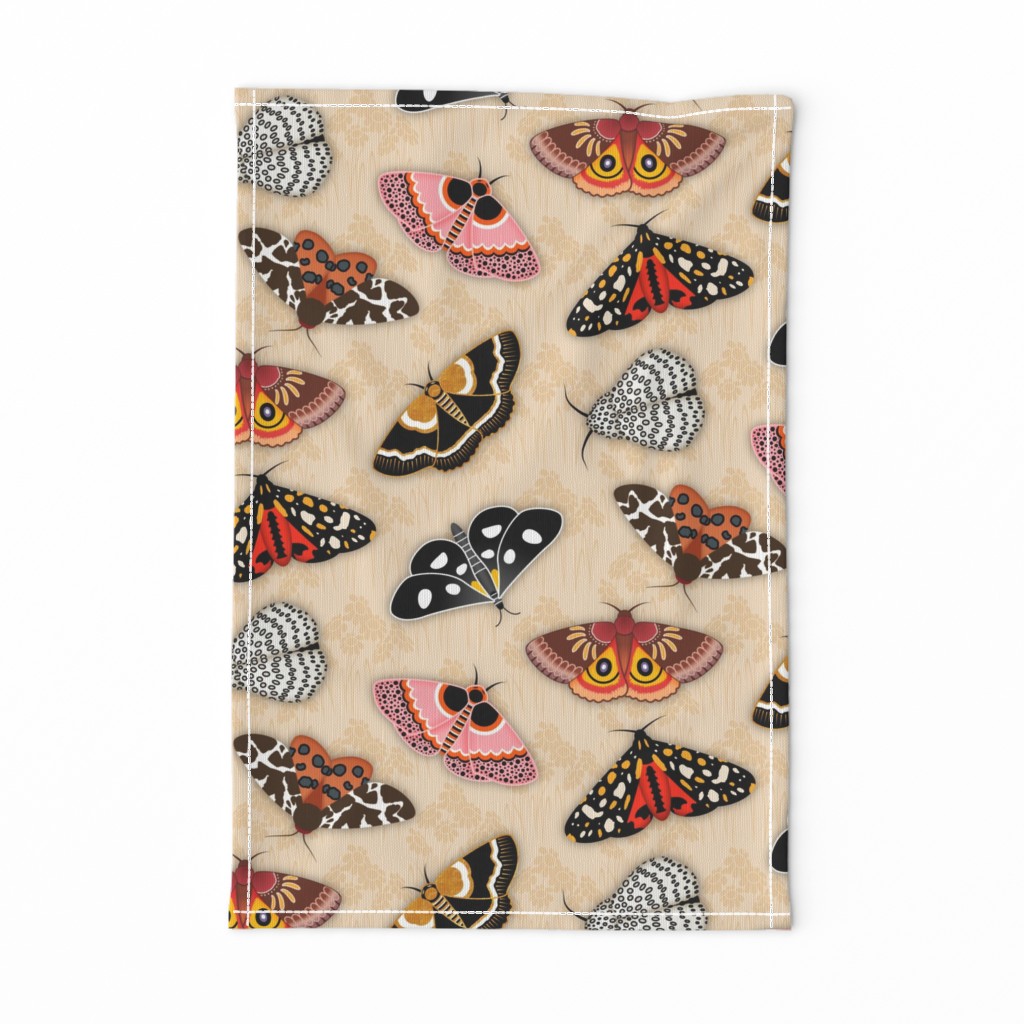 Moths // Pink, Yellow, Orange, Burgundy, TerraCotta Clay, Faux Metallic Gold, Brown, Black and White // Beige Floral Silhouette Background