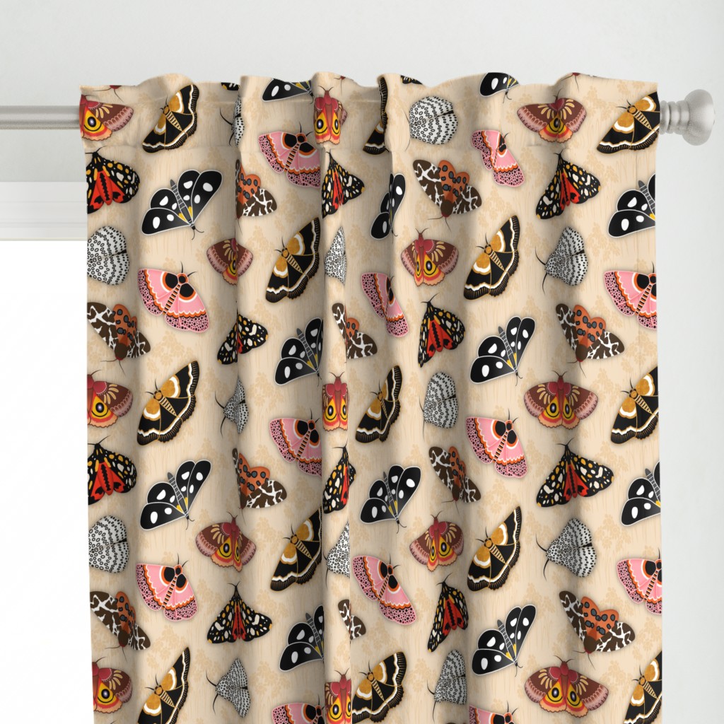 Moths // Pink, Yellow, Orange, Burgundy, TerraCotta Clay, Faux Metallic Gold, Brown, Black and White // Beige Floral Silhouette Background