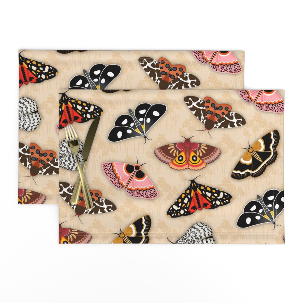 Moths // Pink, Yellow, Orange, Burgundy, TerraCotta Clay, Faux Metallic Gold, Brown, Black and White // Beige Floral Silhouette Background