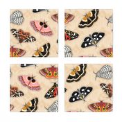 Moths // Pink, Yellow, Orange, Burgundy, TerraCotta Clay, Faux Metallic Gold, Brown, Black and White // Beige Floral Silhouette Background