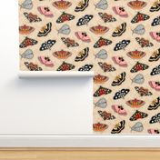 Moths // Pink, Yellow, Orange, Burgundy, TerraCotta Clay, Faux Metallic Gold, Brown, Black and White // Beige Floral Silhouette Background