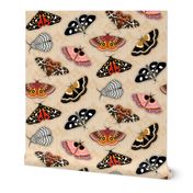 Moths // Pink, Yellow, Orange, Burgundy, TerraCotta Clay, Faux Metallic Gold, Brown, Black and White // Beige Floral Silhouette Background