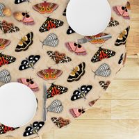 Moths // Pink, Yellow, Orange, Burgundy, TerraCotta Clay, Faux Metallic Gold, Brown, Black and White // Beige Floral Silhouette Background