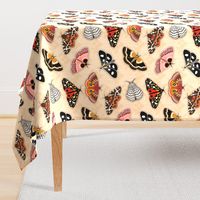 Moths // Pink, Yellow, Orange, Burgundy, TerraCotta Clay, Faux Metallic Gold, Brown, Black and White // Beige Floral Silhouette Background