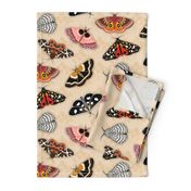 Moths // Pink, Yellow, Orange, Burgundy, TerraCotta Clay, Faux Metallic Gold, Brown, Black and White // Beige Floral Silhouette Background