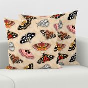 Moths // Pink, Yellow, Orange, Burgundy, TerraCotta Clay, Faux Metallic Gold, Brown, Black and White // Beige Floral Silhouette Background