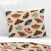 Moths // Pink, Yellow, Orange, Burgundy, TerraCotta Clay, Faux Metallic Gold, Brown, Black and White // Beige Floral Silhouette Background