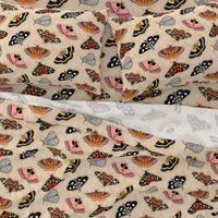 Moths // Pink, Yellow, Orange, Burgundy, TerraCotta Clay, Faux Metallic Gold, Brown, Black and White // Beige Floral Silhouette Background