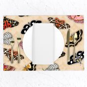 Moths // Pink, Yellow, Orange, Burgundy, TerraCotta Clay, Faux Metallic Gold, Brown, Black and White // Beige Floral Silhouette Background