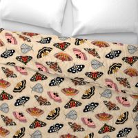 Moths // Pink, Yellow, Orange, Burgundy, TerraCotta Clay, Faux Metallic Gold, Brown, Black and White // Beige Floral Silhouette Background