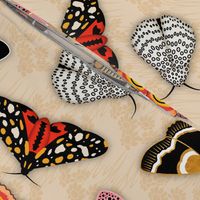 Moths // Pink, Yellow, Orange, Burgundy, TerraCotta Clay, Faux Metallic Gold, Brown, Black and White // Beige Floral Silhouette Background