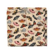 Moths // Pink, Yellow, Orange, Burgundy, TerraCotta Clay, Faux Metallic Gold, Brown, Black and White // Beige Floral Silhouette Background