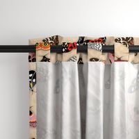 Moths // Pink, Yellow, Orange, Burgundy, TerraCotta Clay, Faux Metallic Gold, Brown, Black and White // Beige Floral Silhouette Background