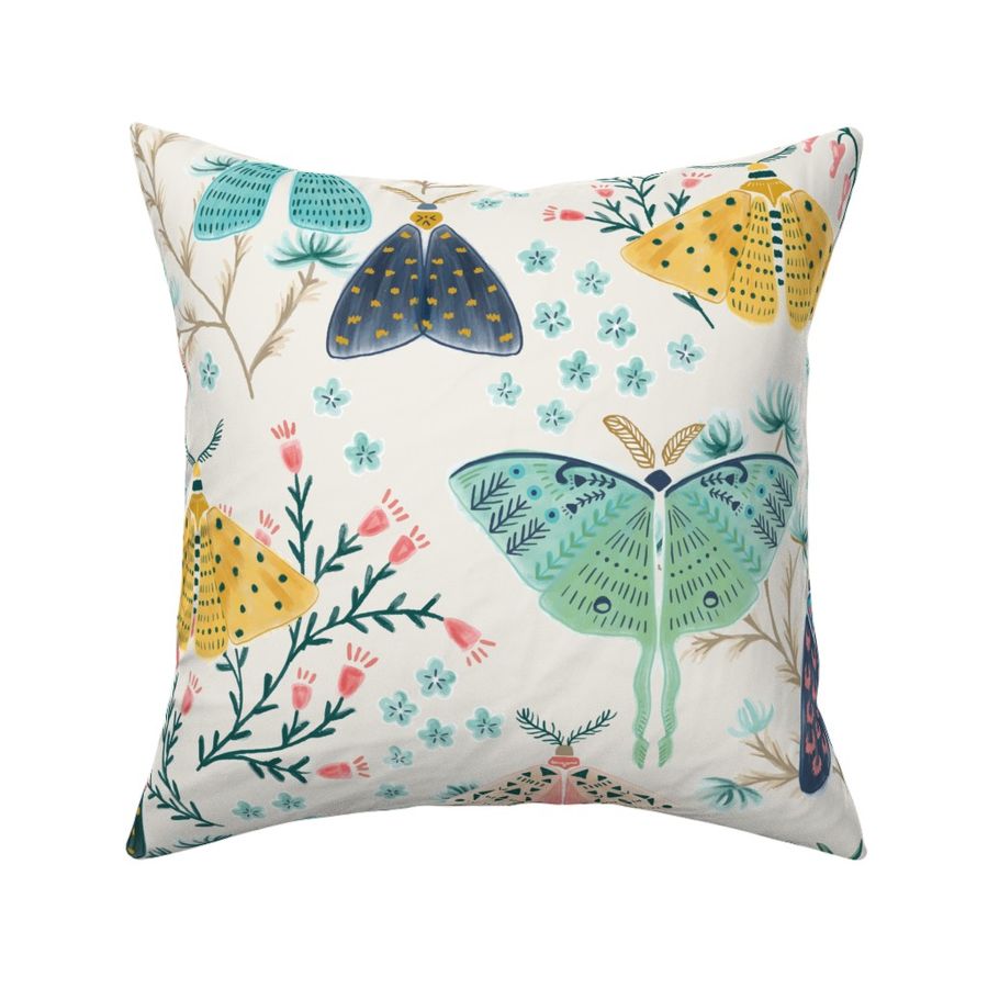Hand Painted Moths Gouache Butterflies Blush Pink Blue Navy Yellow Moths Insect Wings Garden Flowers Pastel Moths Print 100% Cotton Sateen 26in x 26in Knife-Edge Sham Roostery Pillow Sham 