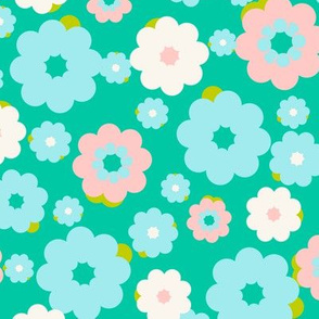 blue, white and pink tiny flowers over a turquoise background