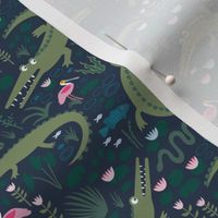 American Alligators and Roseate Spoonbills - small scale - Navy Petal Solid Coordinate