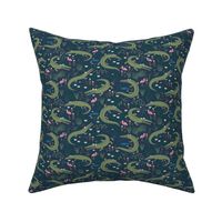 American Alligators and Roseate Spoonbills - small scale - Navy Petal Solid Coordinate