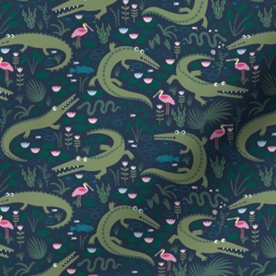 American Alligators and Roseate Spoonbills - small scale - Navy Petal Solid Coordinate