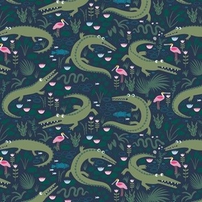 American Alligators and Roseate Spoonbills - small scale - Navy Petal Solid Coordinate