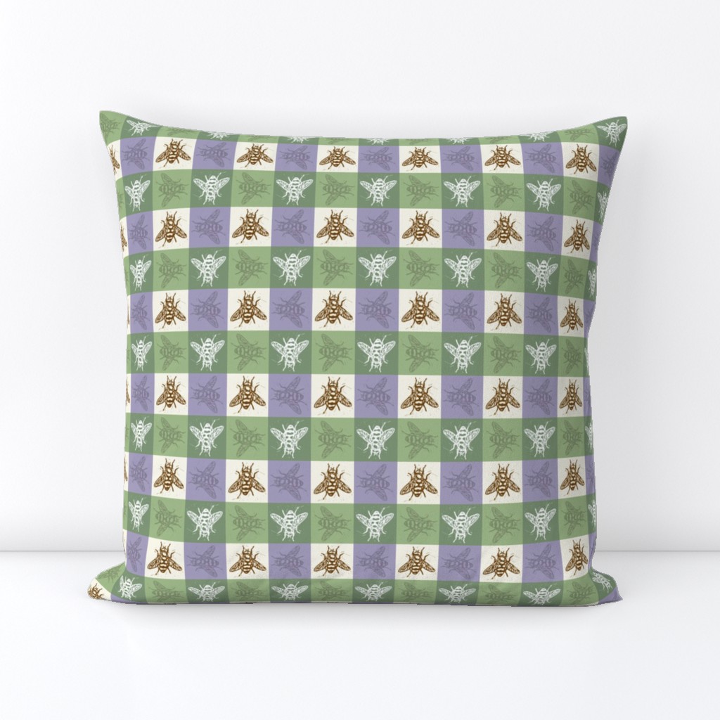 Busy Bee Gingham - Lavender and Sage - Brown Bees