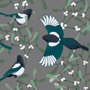 Magpies and Mistletoe on Neutral Gray