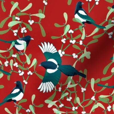 Magpies & Mistletoe on Holiday Red