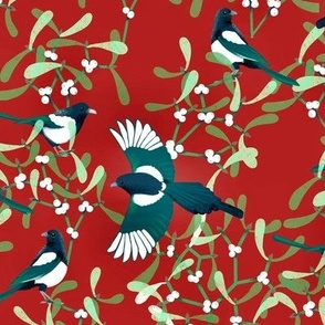 Magpies & Mistletoe on Holiday Red