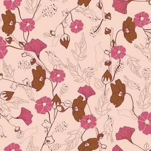 Garden life of a bird with flowers pink brown