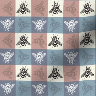 Busy Bee Gingham - Rose and Delft Blue - Black Bees